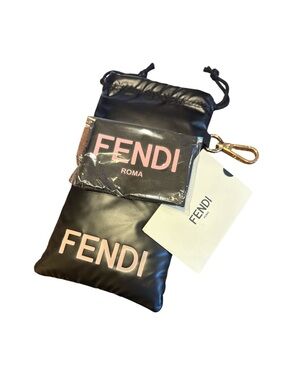 Fendi Black and Pink Logo Pouch with Key Clip & Cloth